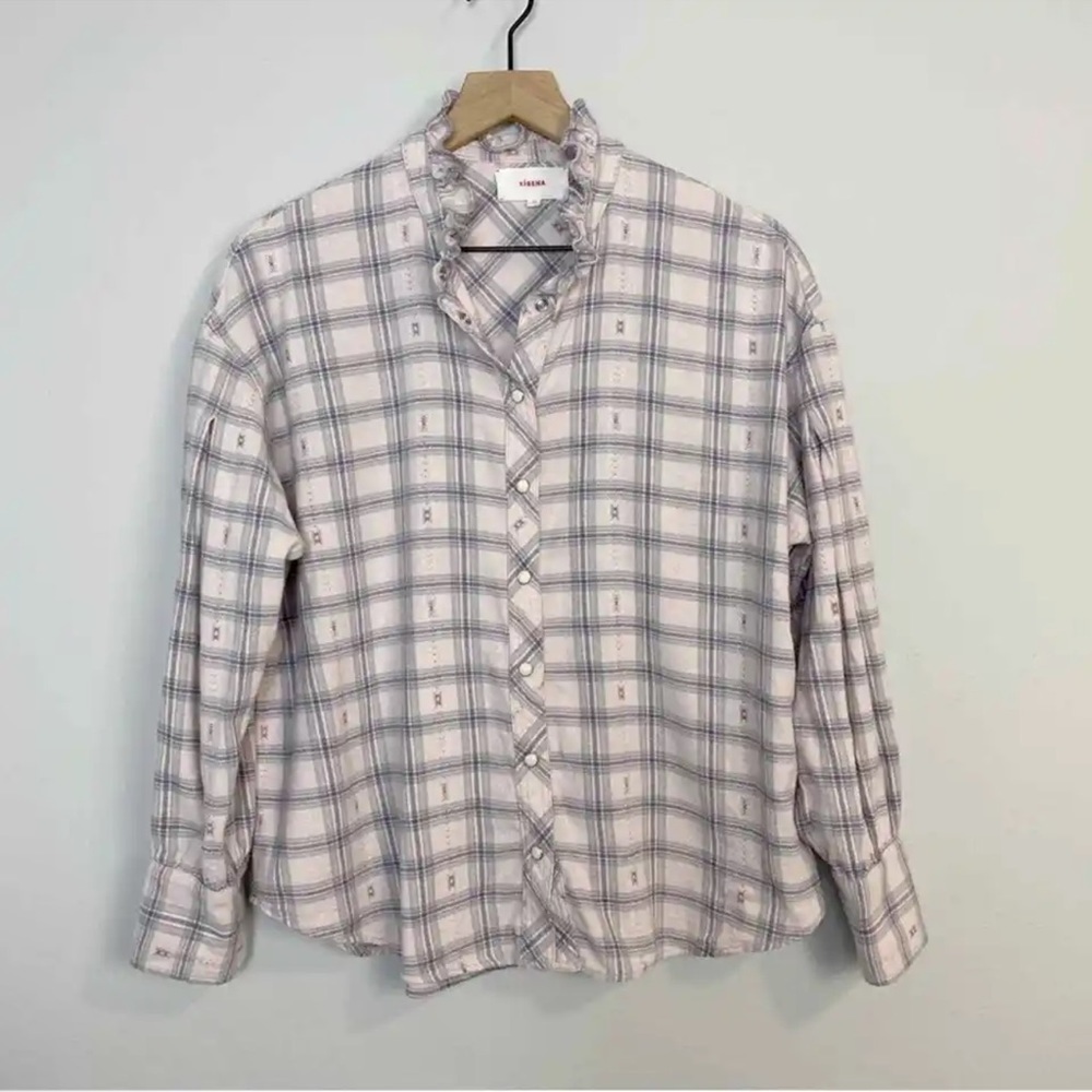 Xirena Gray and Blue Flannel Shirt With Ruffle Collar Size XS